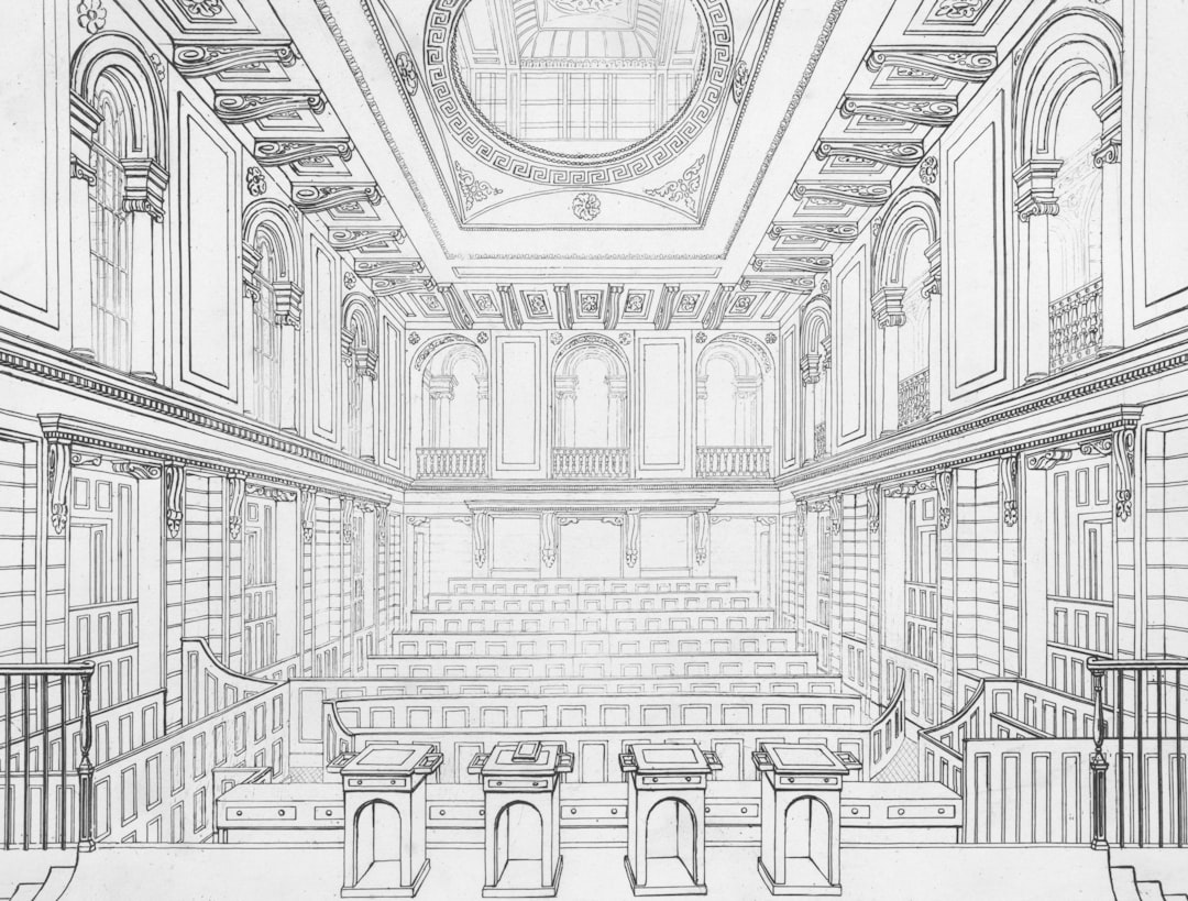 Architectural drawing of a grand hall with tiered seating