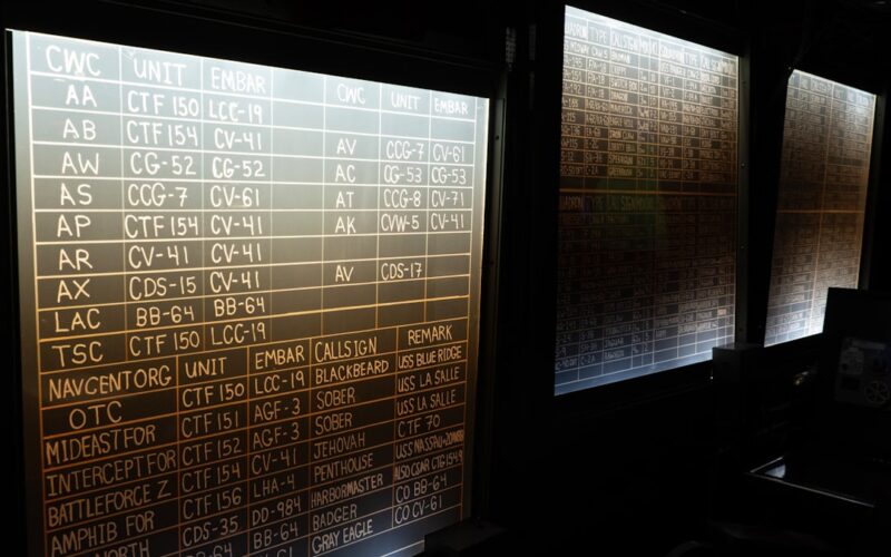 Rows of data displayed on illuminated screens.