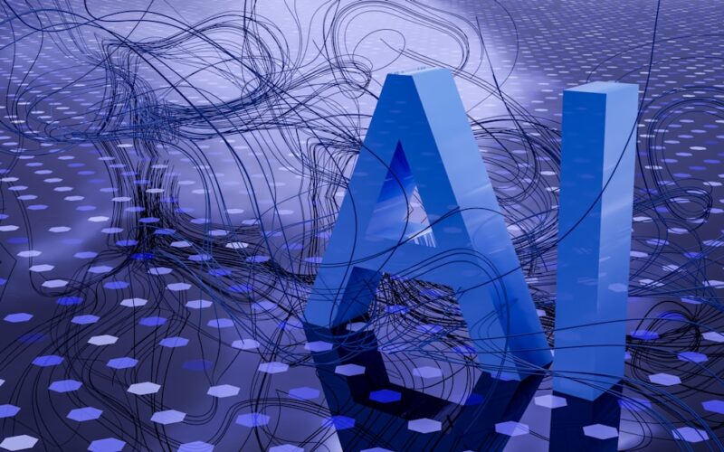 3D rendered ai text on dark digital background