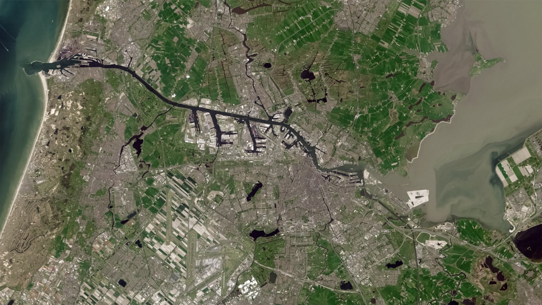 Aerial view of a city with a canal system.